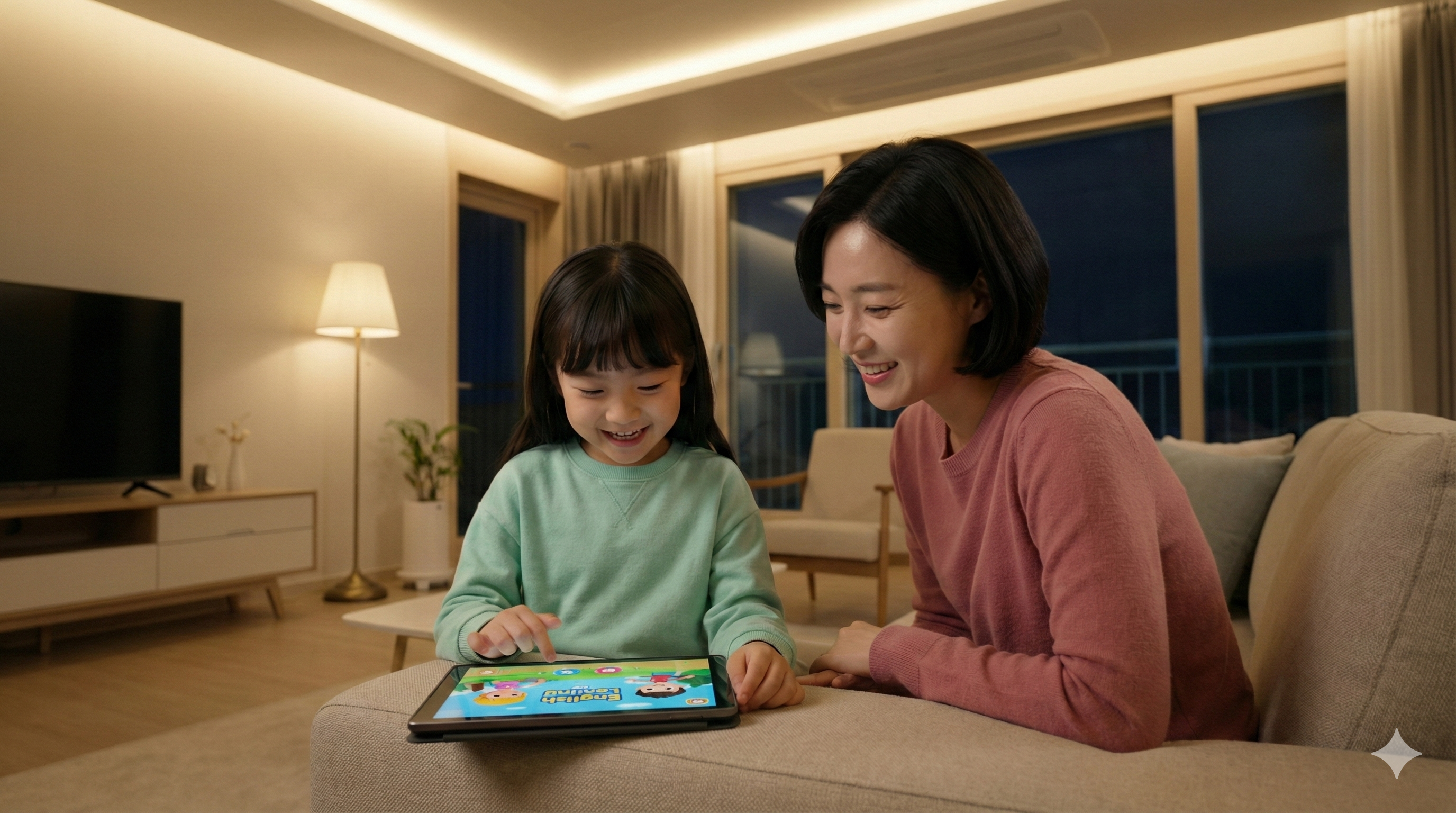 저녁 시간, 한국인 초등학생 아이가 거실에서 태블릿으로 링고시티 영어 수업을 듣고 있고, 옆에서 엄마가 미소 지으며 지켜보는 모습