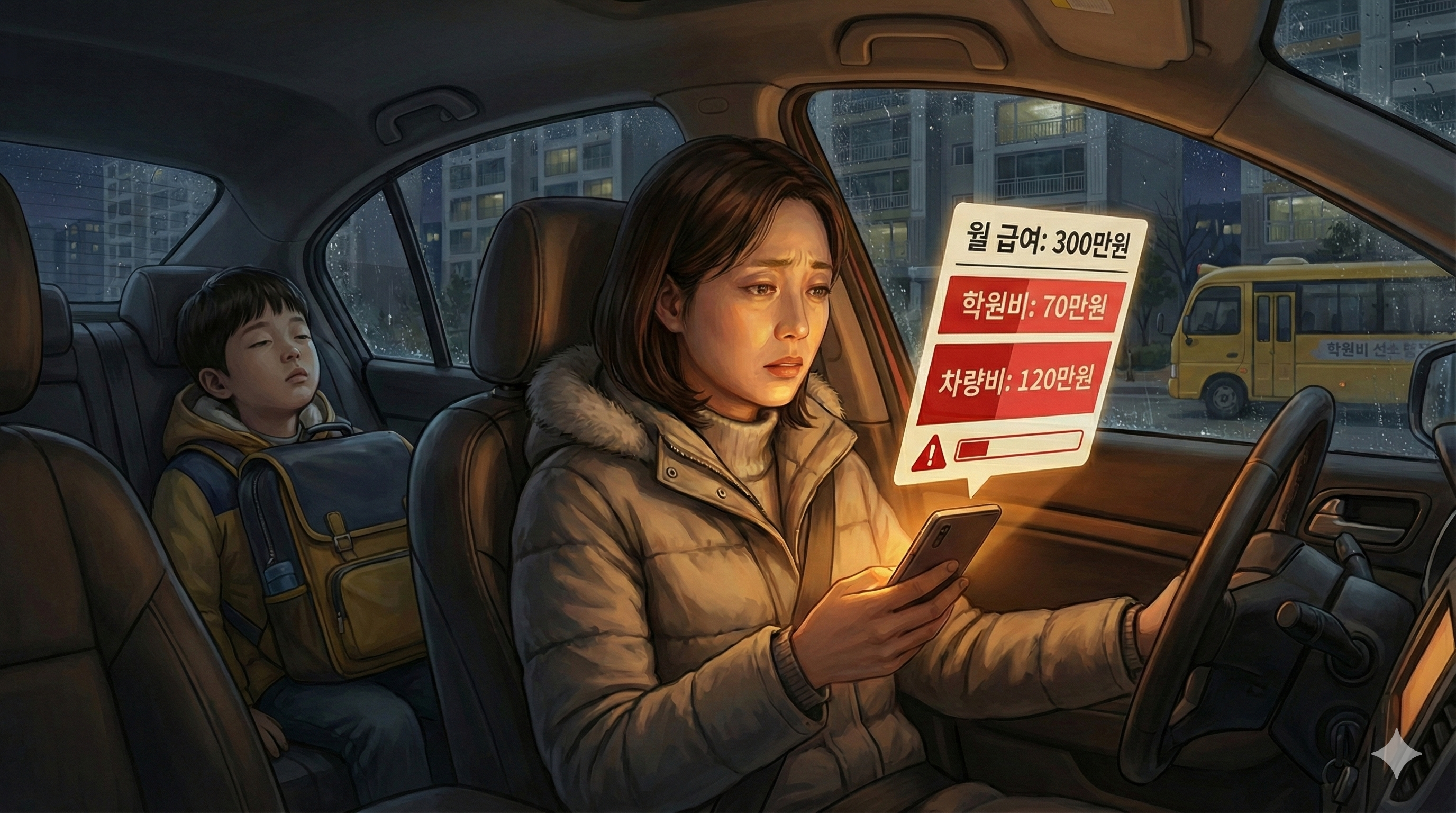 퇴근 후 피곤한 표정으로 차 안에서 학원 앞에 서 있는 한국인 부모와 초등학생 아이